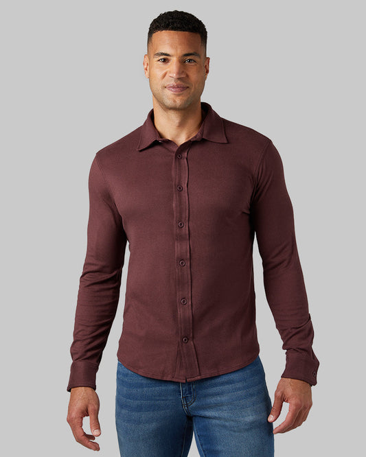 MEN'S SOFT STRETCH KNIT LONG SLEEVE BUTTON-UP